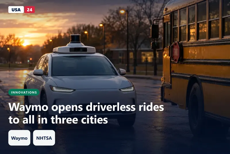 A white driverless car with a roof sensor pod waits at a curb beside a parked yellow school bus at dusk.