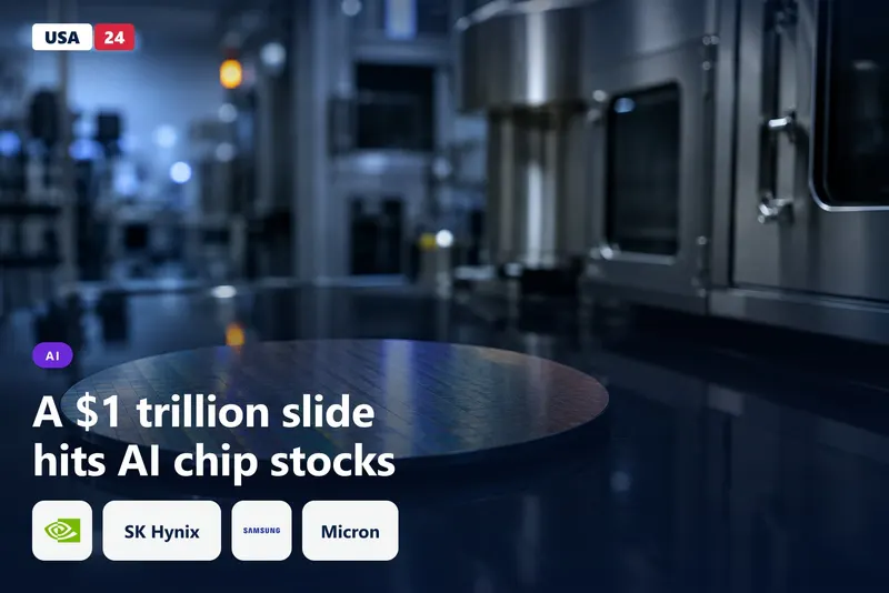 Silicon wafer on a dark table in a dim cleanroom, cool light falling across its surface, blurred machinery behind it.