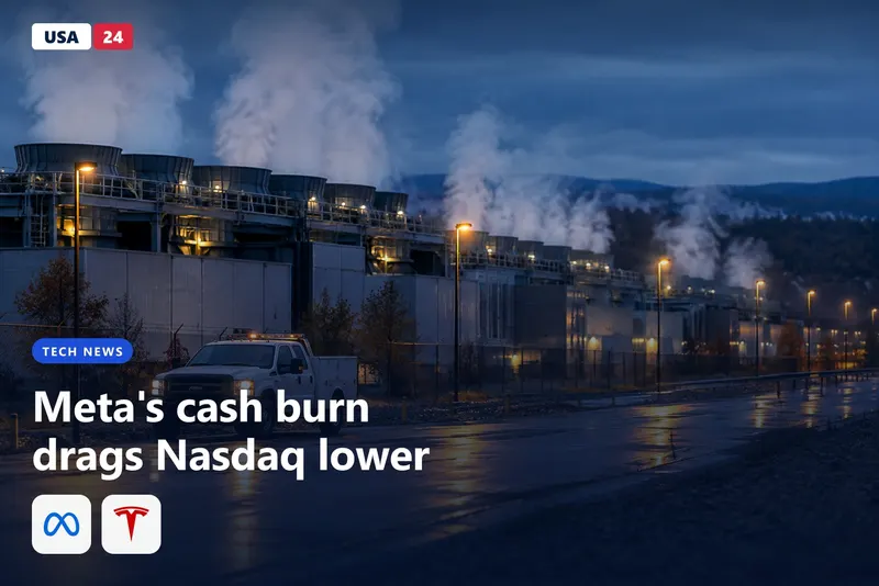 Data center campus at dusk with rooftop cooling fans releasing white vapor above a wet access road.