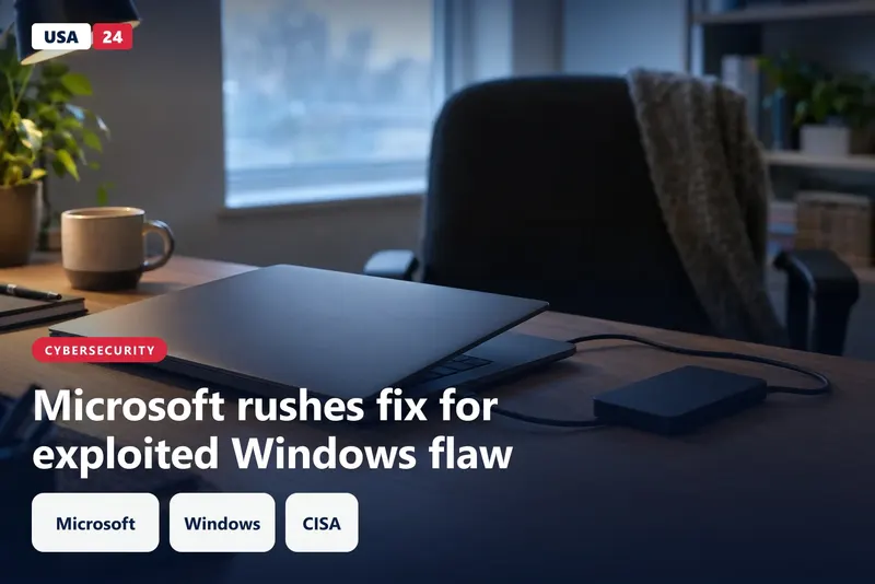 An unbranded laptop with its lid partly closed sits beside an external drive on a softly lit home-office desk.
