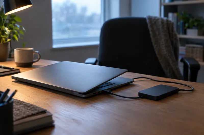 An unbranded laptop with its lid partly closed sits beside an external drive on a softly lit home-office desk.