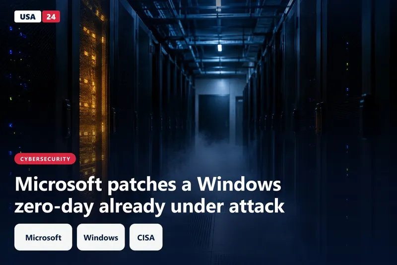 Dark data center aisle at night, server racks in shadow, one cabinet glowing amber as cold fog drifts across the floor.