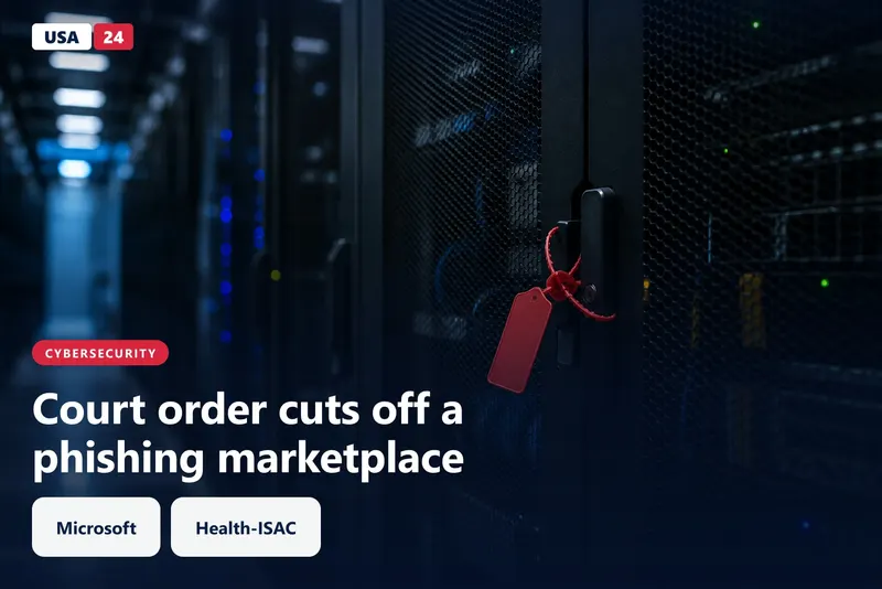 Dim data center aisle with a sealed server cabinet, a red evidence tag on its door and cold blue light from distant racks