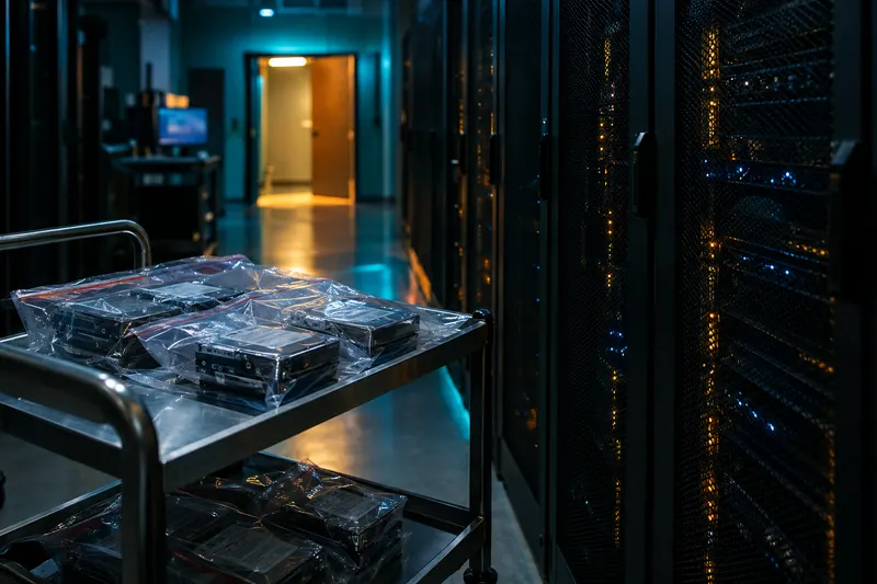 Sealed evidence bags of server drives on a steel cart in a dim data center corridor, lit by teal and amber light.