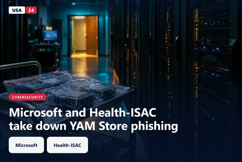 Sealed evidence bags of server drives on a steel cart in a dim data center corridor, lit by teal and amber light.